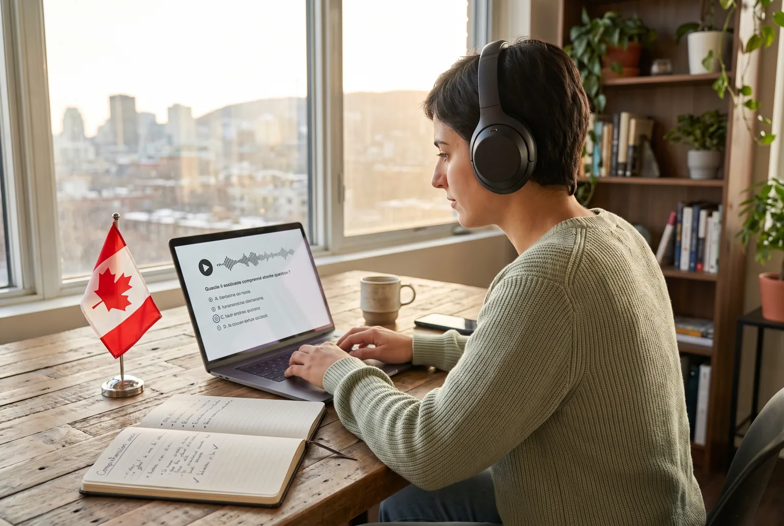 Candidat avec un casque audio s'entraînant à l'épreuve de Compréhension Orale du TCF Canada
