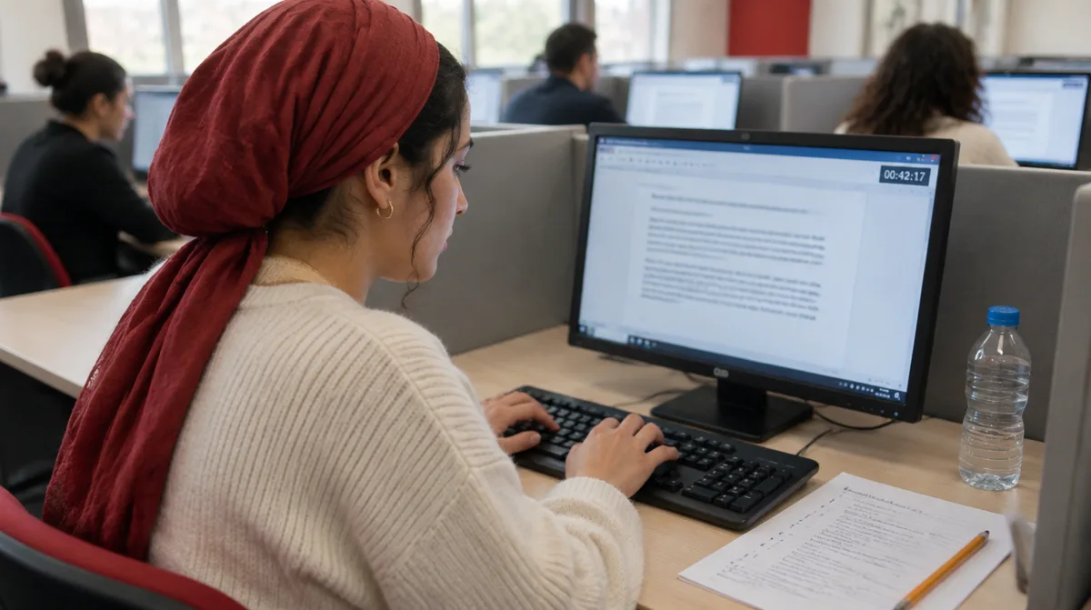 Candidate rédigeant la tâche 1 de l'expression écrite du TCF Canada sur ordinateur, chronomètre affiché à l'écran