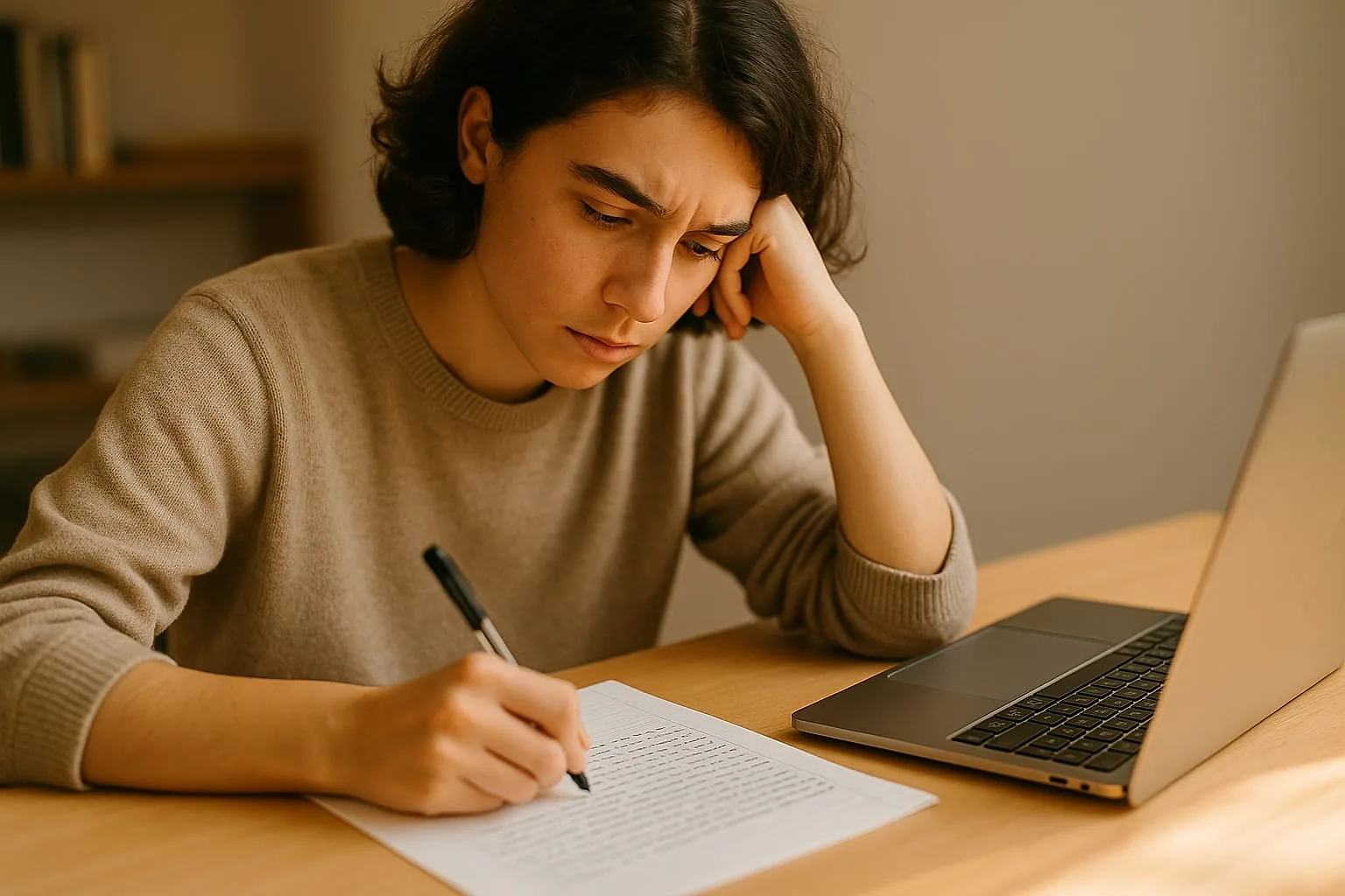 Candidat rédigeant l'expression écrite du TCF Canada dans un cahier à côté d'un ordinateur portable