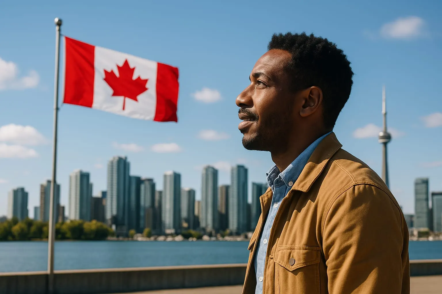 Candidat francophone devant le drapeau canadien et la skyline de Toronto — Entrée express, catégorie Compétence linguistique en français