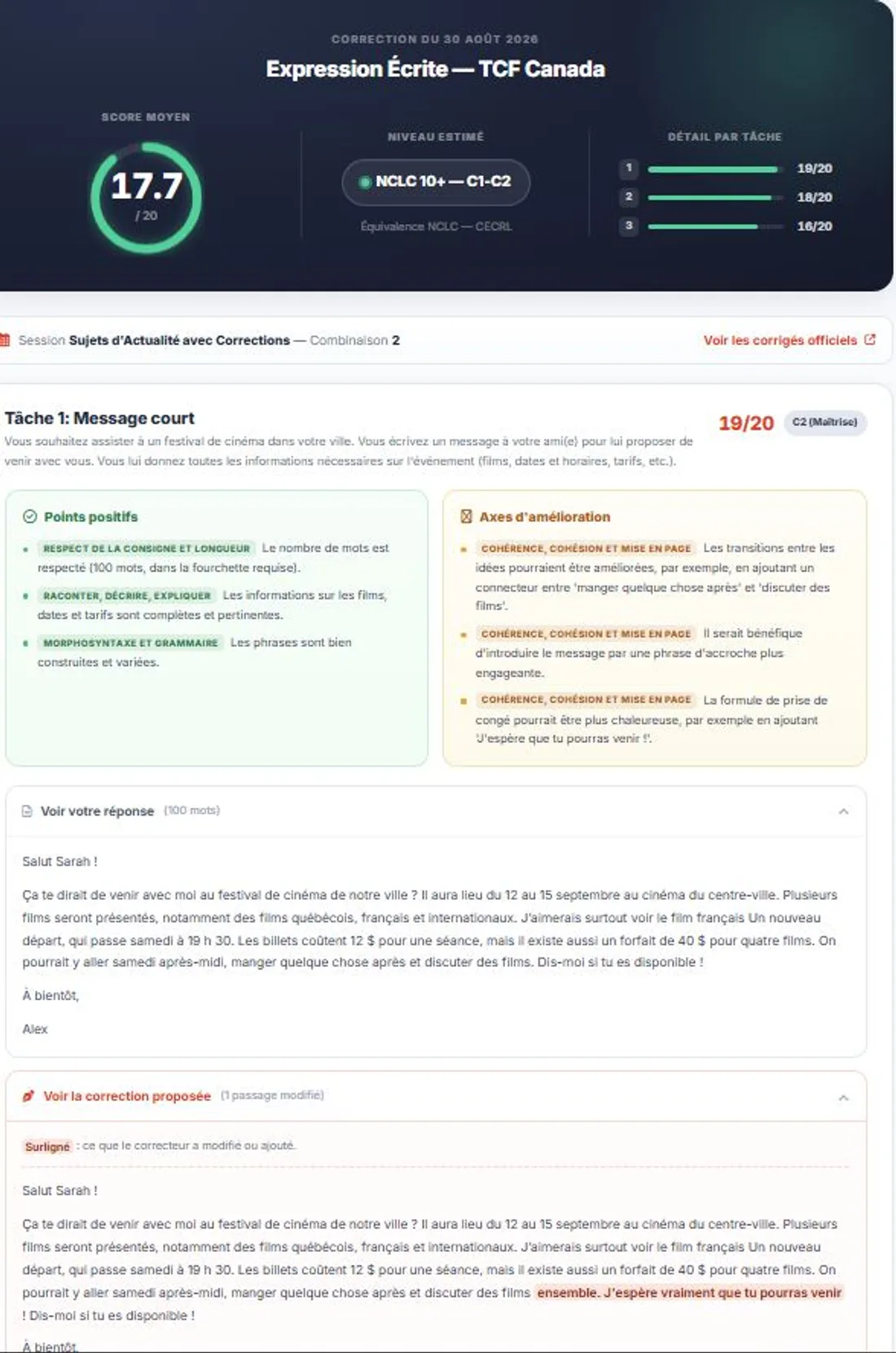Rapport de correction IA : score 17,7/20, niveau NCLC 10+, détail par tâche et axes d'amélioration