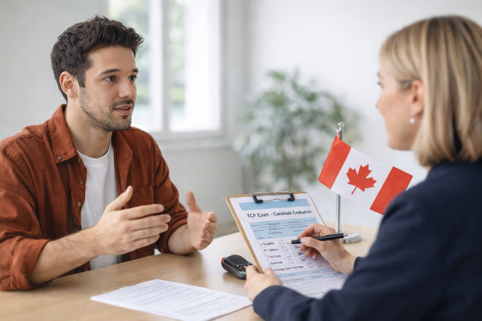 Candidat lors de l'épreuve d'Expression Orale du TCF Canada face à un examinateur
