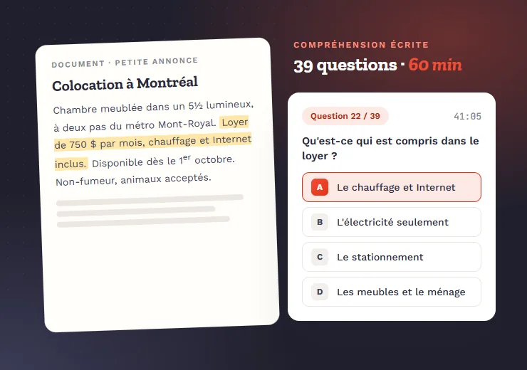 Série de compréhension écrite TCF Canada : document à lire et question à choix multiple